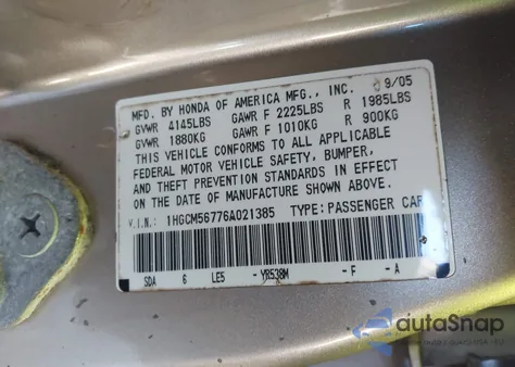 2006 Honda Accord 2.4 Ex z USA, uszkodzony, nr VIN 1HGCM56776A021385